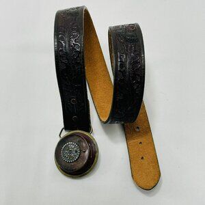 Vintage Beth Frank Leather Belt Western Buckle Round Sz 32 Retro Cowboy Cowgirl